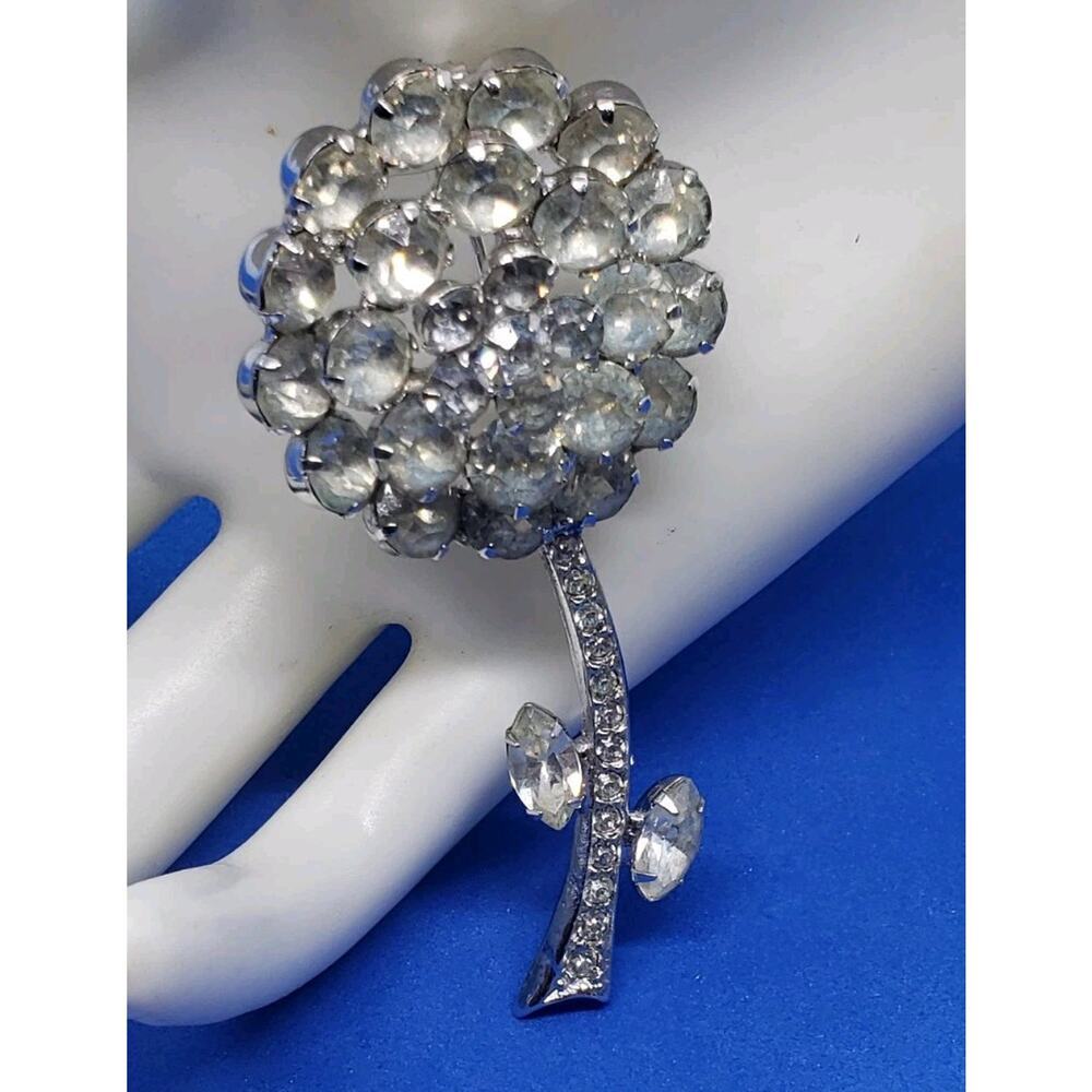 Vintage Signed Weiss Brooch Clear Rhinestone Flower Rose Long Stem Leaves 65$